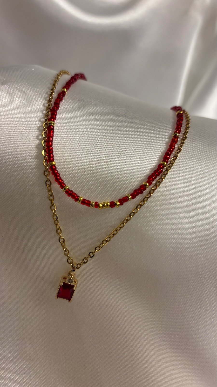 Rood-Gouden Layering Ketting | Set met Vierkante Hanger - 104355 Rood-Gouden Layering Ketting | Set met Vierkante Hanger