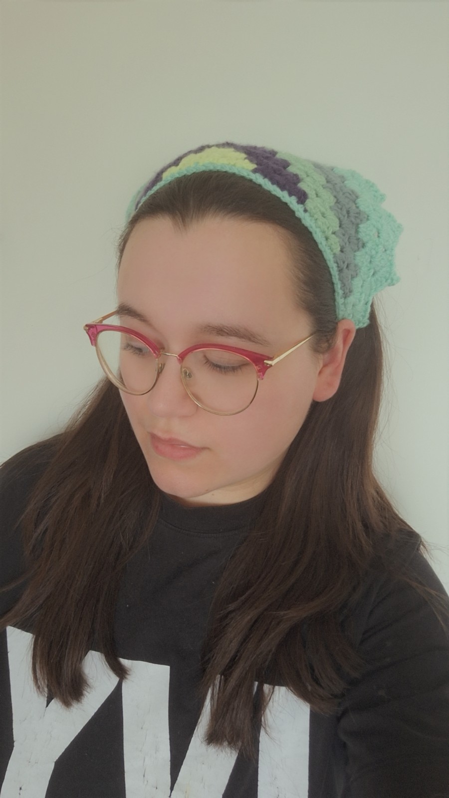 Gehaakte bandana | Limegroen, donkerpaars, eucalyptus, grijsblauw en mintgroen