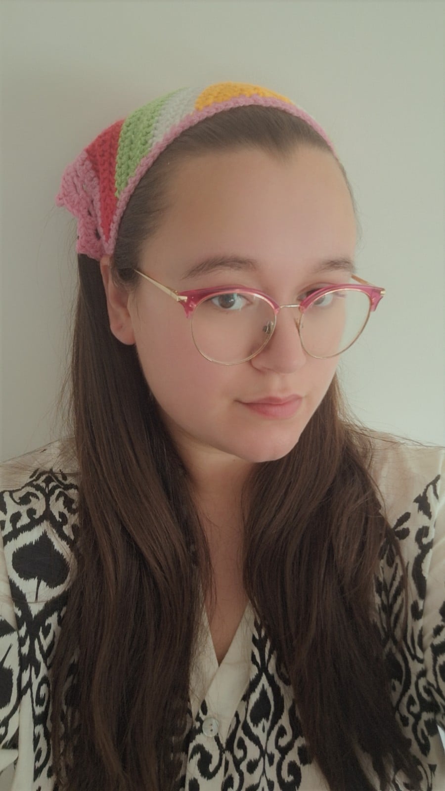 Gehaakte bandana | Geel, crème, groen, fuchsia en lichtroze - 152543 Gehaakte bandana | Geel, crème, groen, fuchsia en lichtroze
