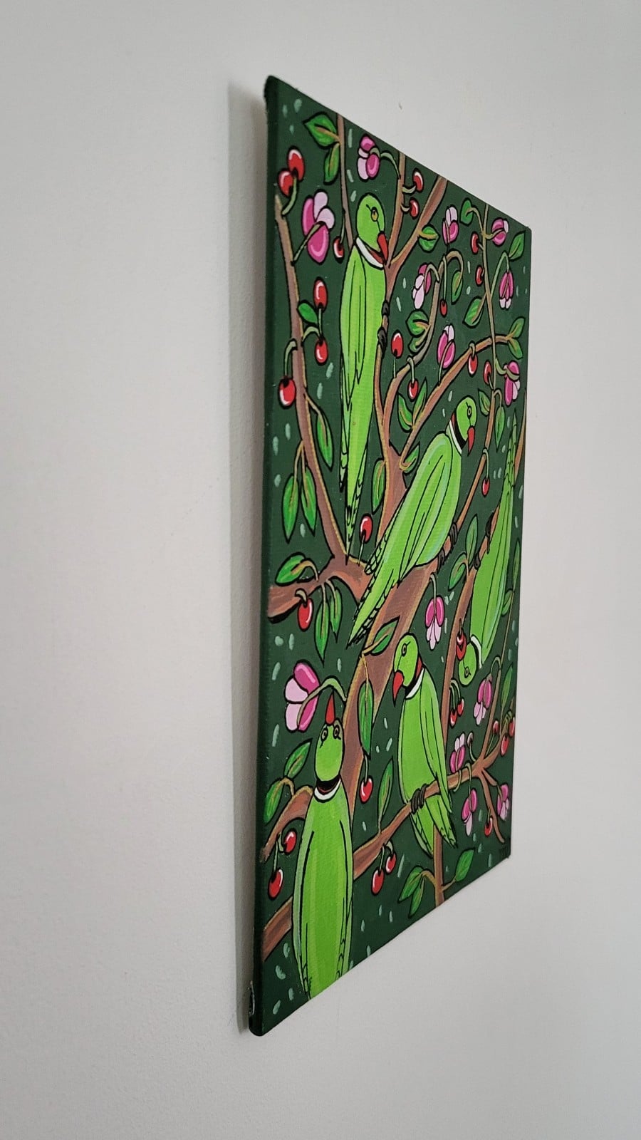 Schilderij 21x15 'Halsband parkieten' origineel acryl canvas - 153746 Schilderij 21x15 'Halsband parkieten' origineel acryl canvas
