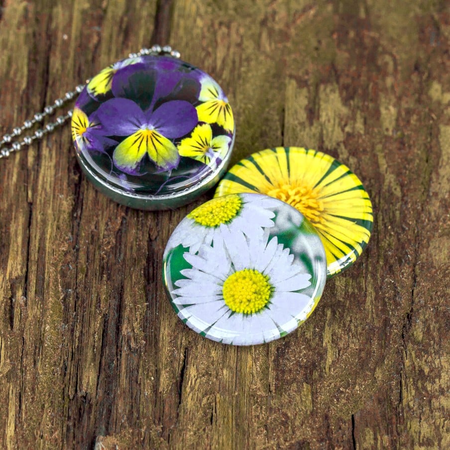 Roestvrij stalen fotomedaillon ketting met 3 verschillende verwisselbare voorkanten met close up foto`s van bloemen van het voorjaar Viooltjes,paardenbloem, meizoentjes. Rvs/roestvrij stalen fotomedaillon. Het meest unieke foto medaillon. Uniek in Europa!