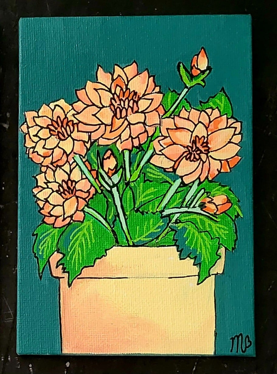 Canvas 15x10 'Bloempot met dahlia' origineel acrylschilderij - 153059 Canvas 15x10 'Bloempot met bloemen' 4 originele acrylschilderijtjes