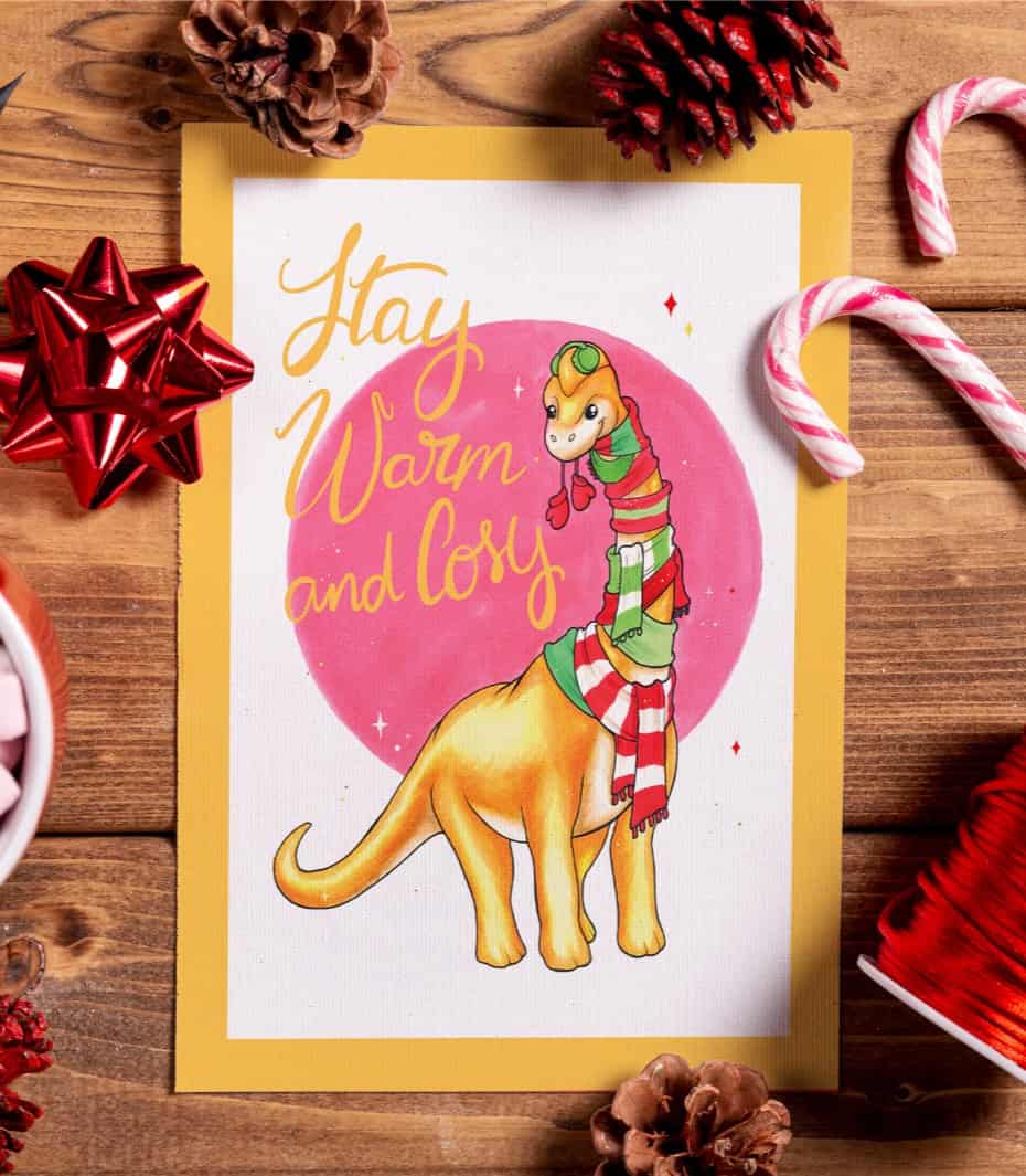 Stay warm and cosy dino kerstkaart A6 - 156422 Stay warm and cosy dino kerstkaart A6