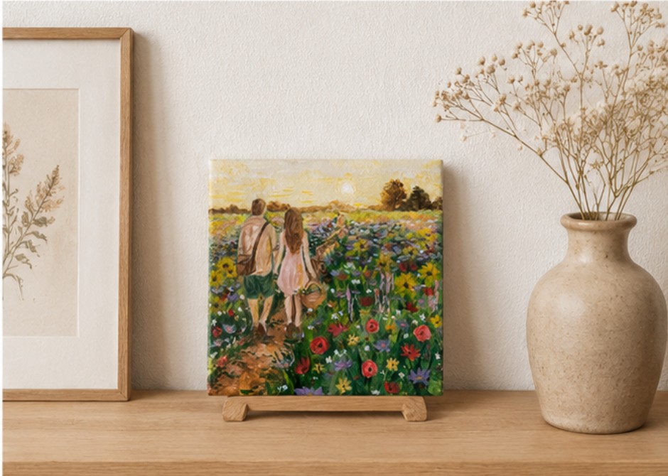 Wandeling door het bloemenveld | Handgeschilderd tegeltje - 149309 Wandeling door het bloemenveld | Handgeschilderd tegeltje