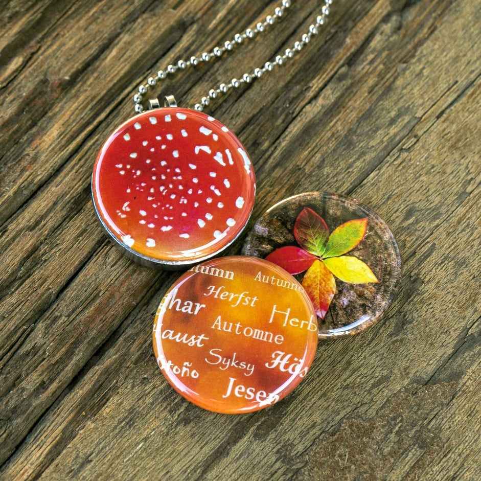 Herfst ketting/medaillon, ketting met close up foto`s van herfst in r… - 91146 Herfst ketting/medaillon, ketting met close up foto`s van herfst in rood geel en oranje.