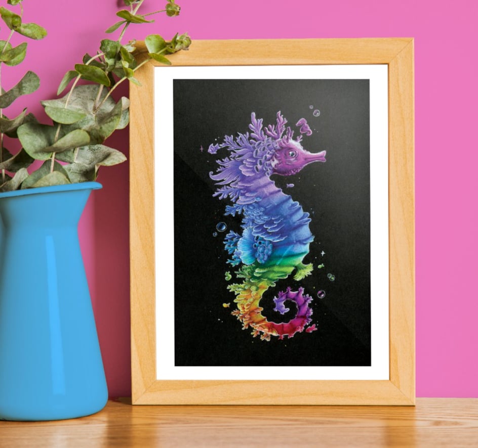 Regenboog zeepaard kado, potlood handgemaakt, zee leven, schattige dierenliefhebber, koraal kado 21x14,8 cm (8,2x5,8 inch)