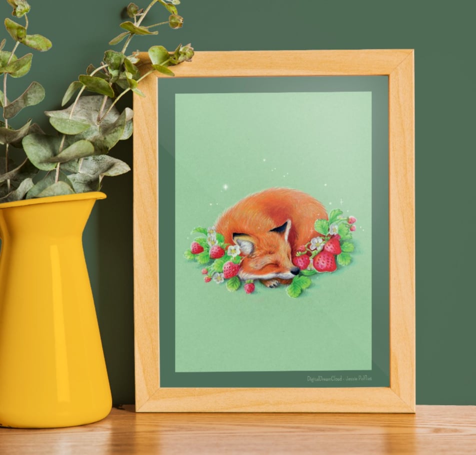 Foxy strawberries, vos illustratie, art print, 14,8x21 cm(5,8x8,2 inch)