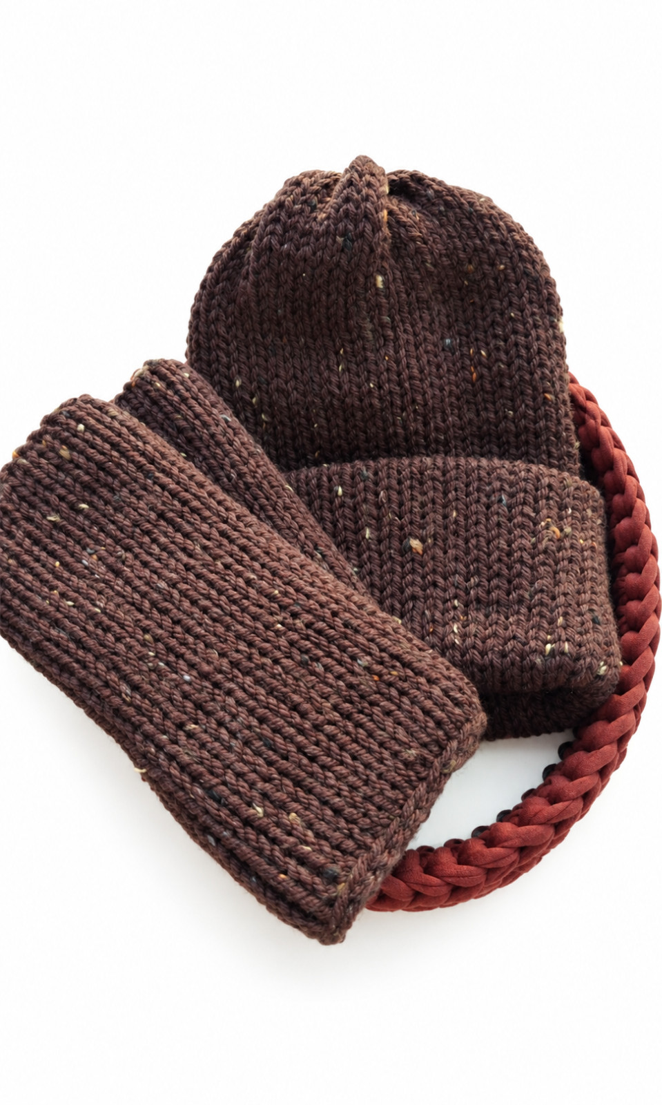 Bruine tweed gebreide cadeauset | Muts & vingerloze handschoenen - 149322 Bruine tweed gebreide cadeauset | Muts & vingerloze handschoenen