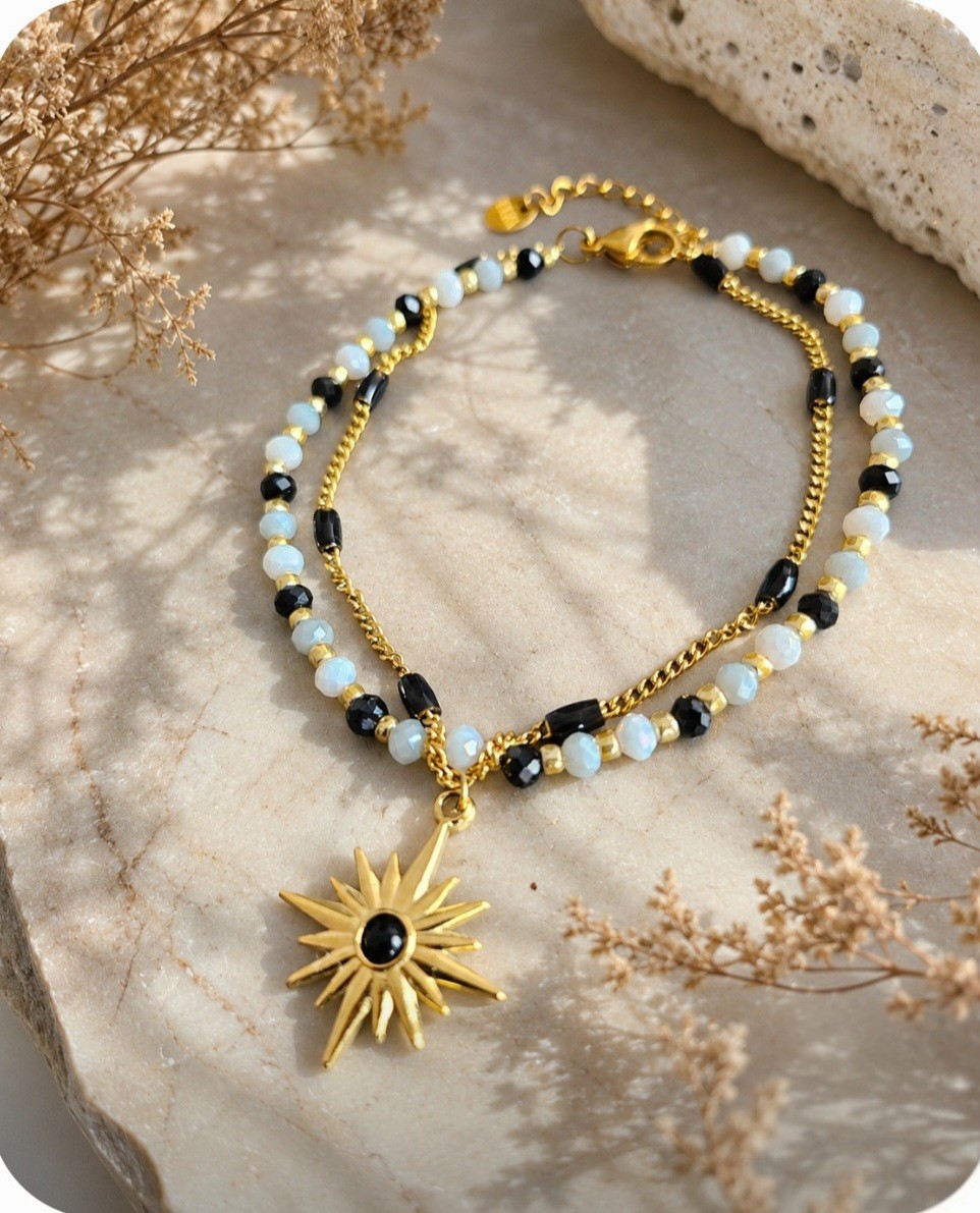 Luxe Dubbele Armband – 16K Goud Verguld RVS met Zwarte Steen & Zonhanger