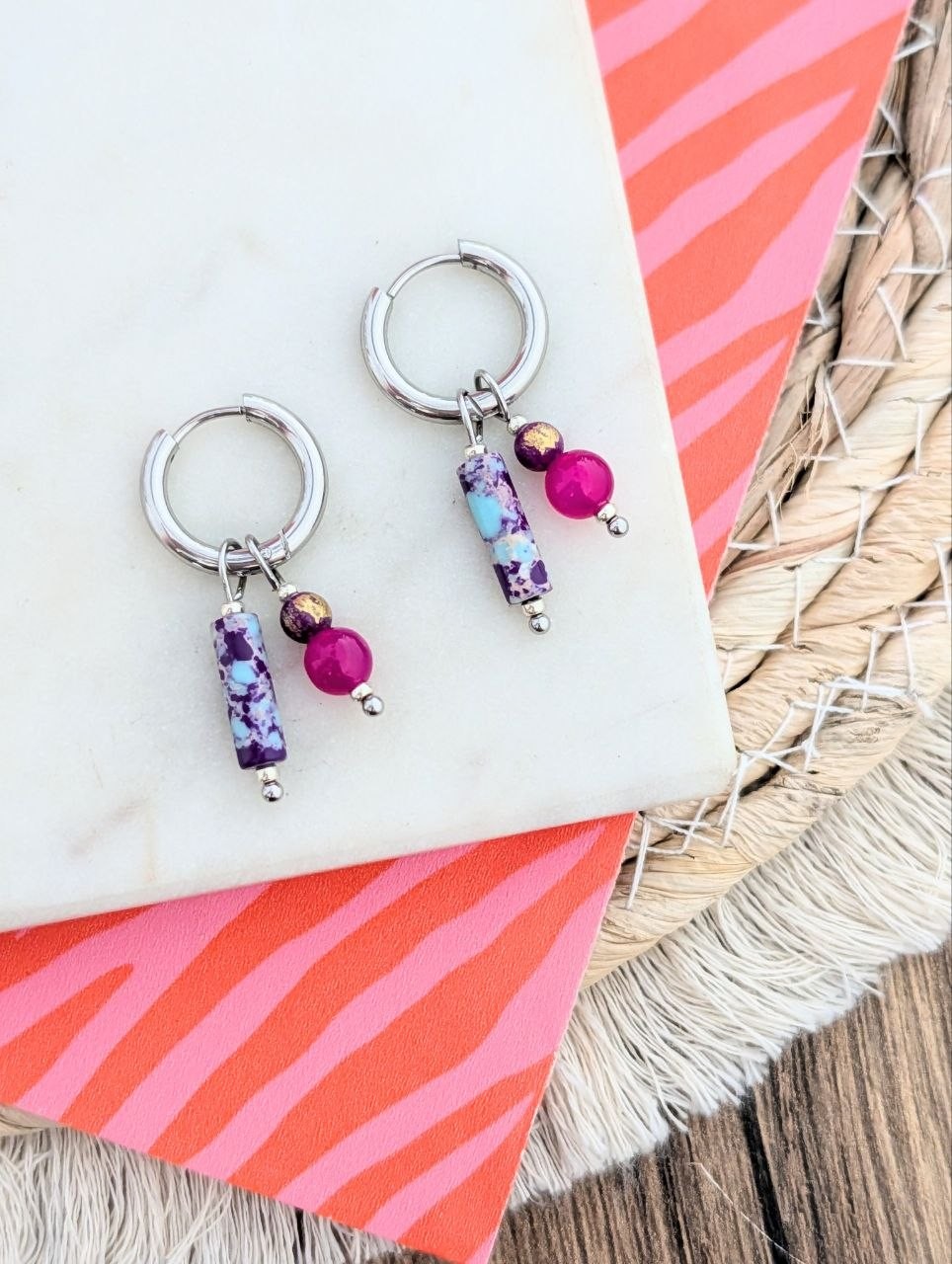 Colourful naturestone oorbellen zilver