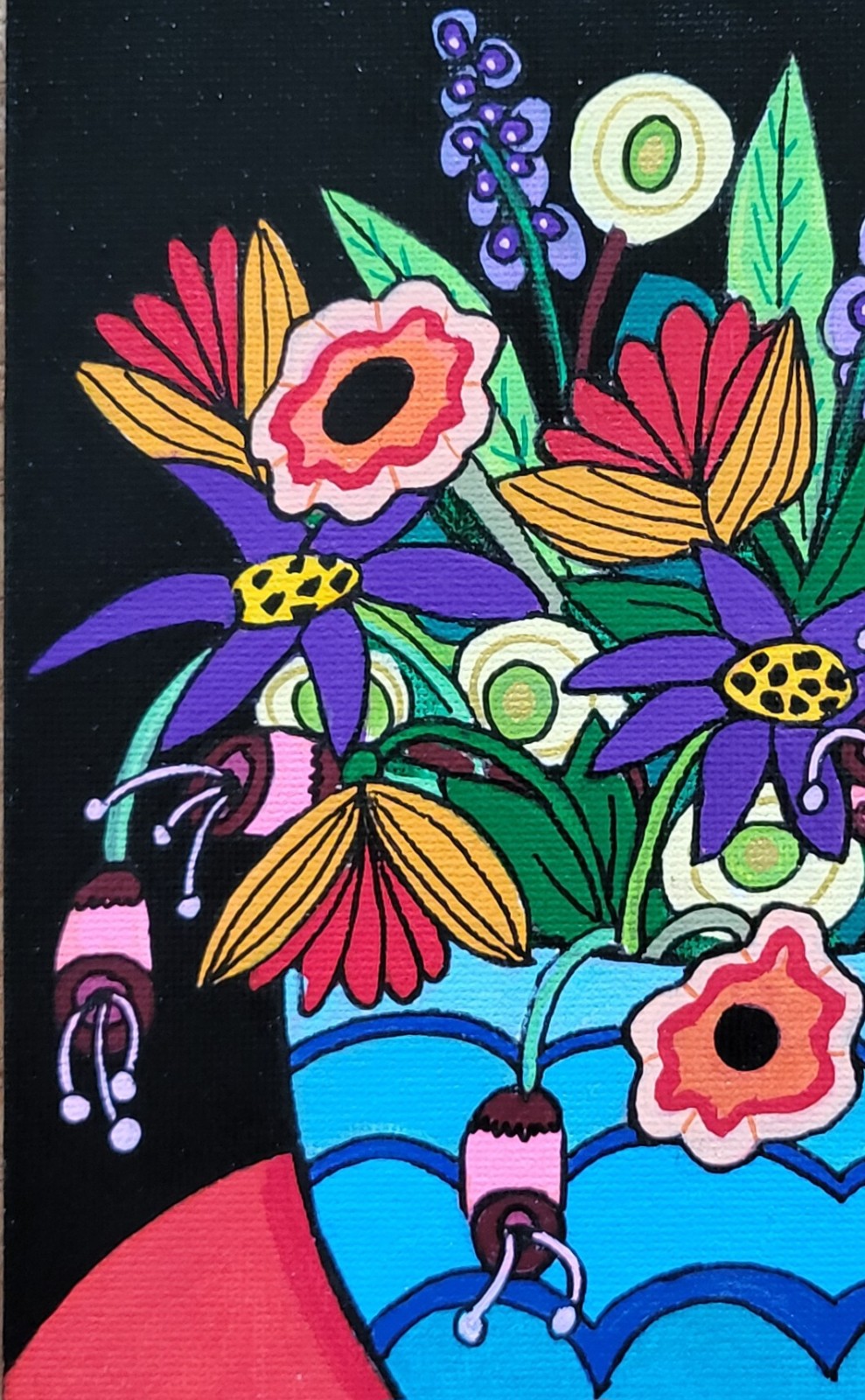 Canvas 21x15 'De blauwe bloempot' origineel acryl schilderij - 152180 Canvas 21x15 'De blauwe bloempot' origineel acryl schilderij